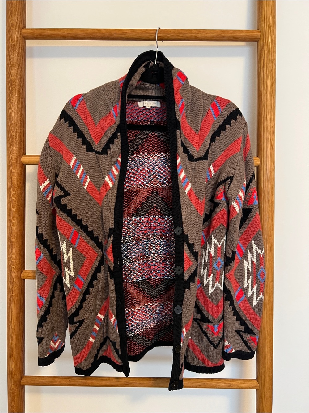 Sandro Multicolor Tribal Knit Shawl Collar Cardigan - Red, Brown & Black